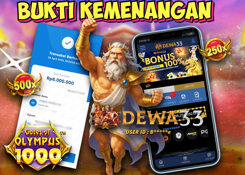 Bukti kemenangan Rp6.000.000 di Dewa33 pada game Gates of Olympus 1000